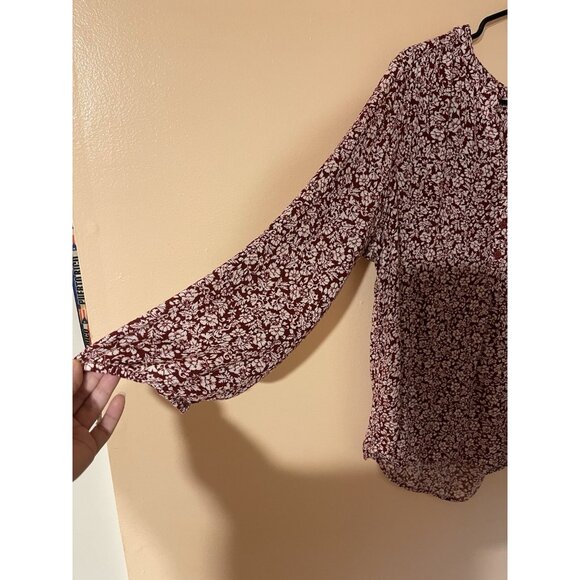 Market & Spruce Shirt Womens Large Floral Button Blouse Maroon White 3/4 Sleeve - Picture 7 of 16